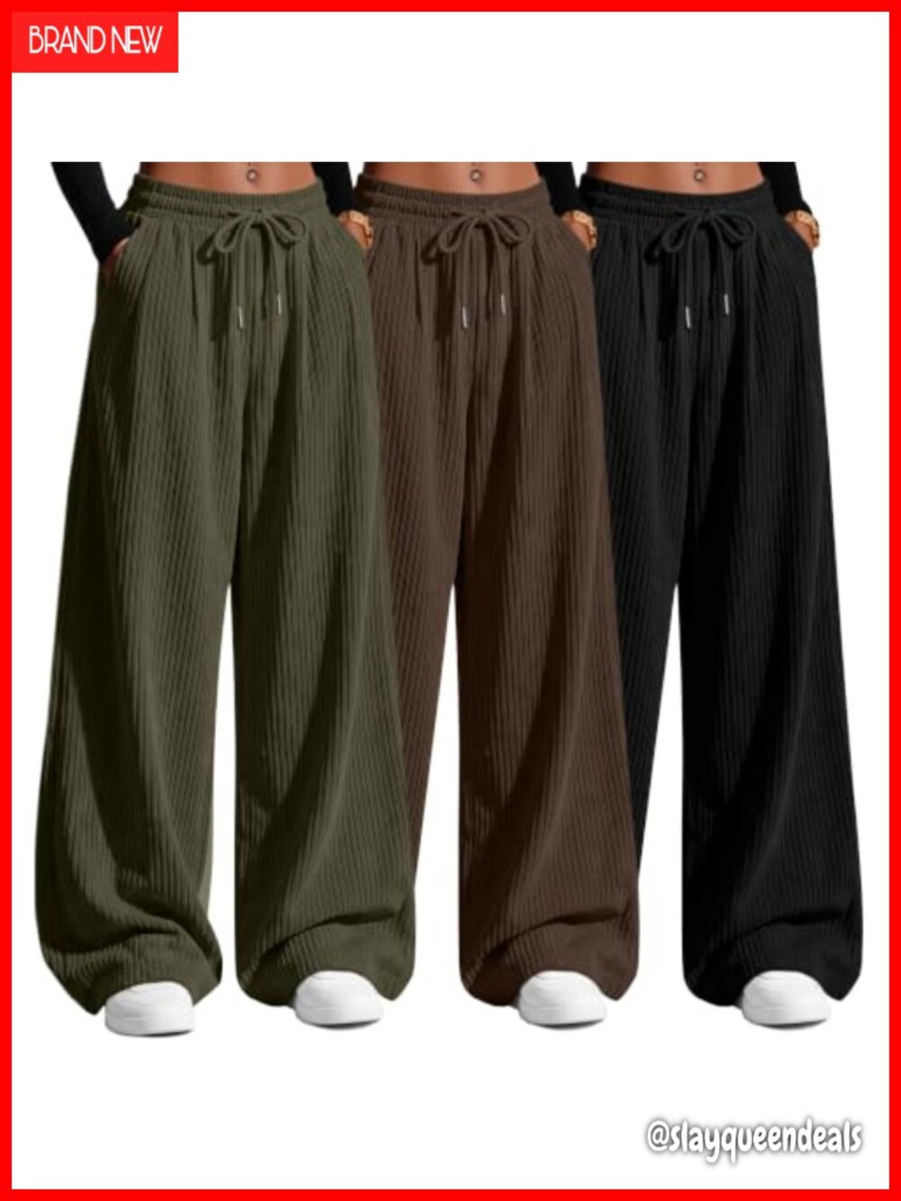 3 Pack Corduroy Wide Leg Pull On Pants Elastic Waist Drawstring Loose Fit